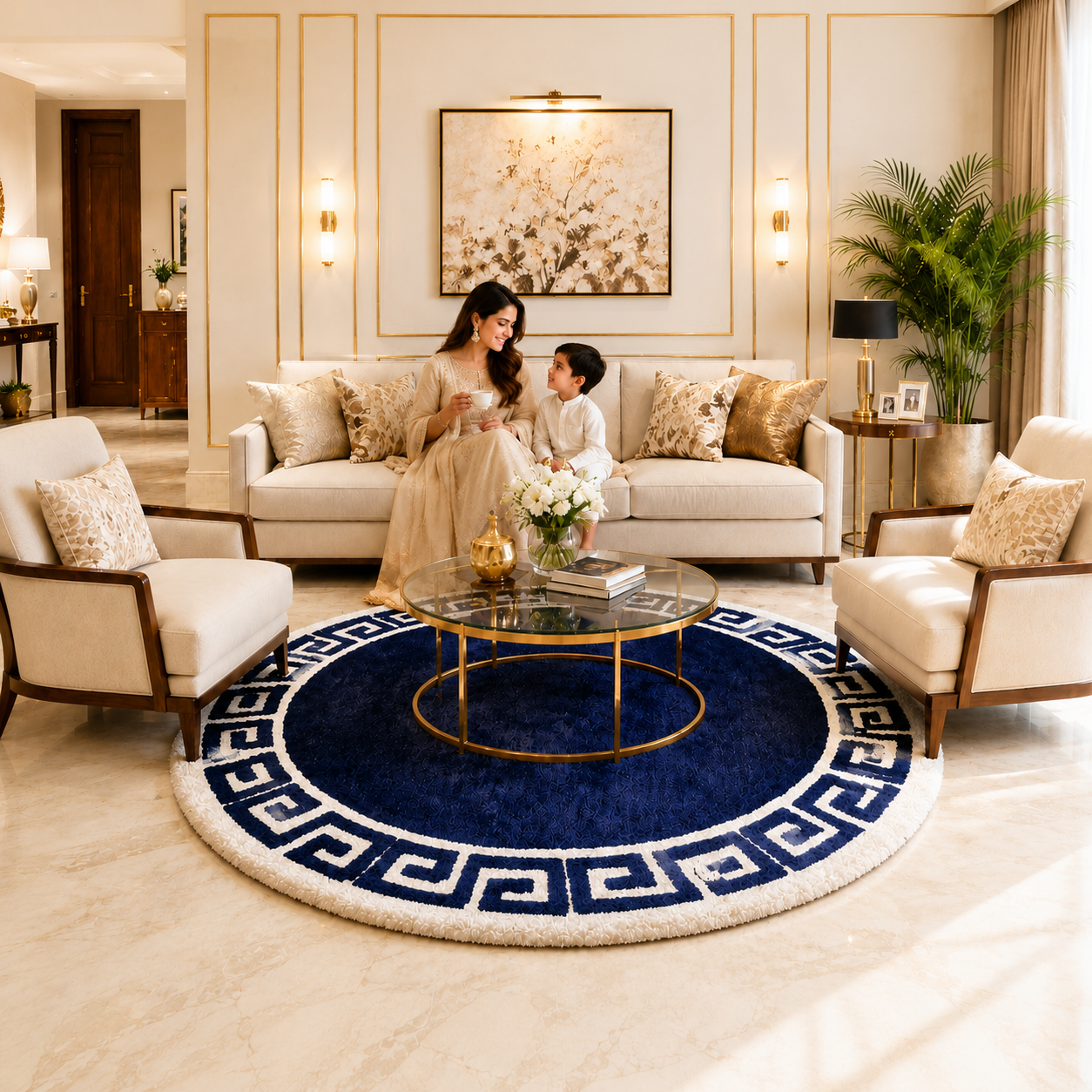 Avioni Home Atlas Collection - Greek Style Microfiber Round Carpet In Navy Blue & White| Soft, Non-Slip, Easy to Clean