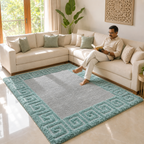 Avioni Atlas Collection- Micro Grey with 3D Aqua Designer Border -Different Sizes Shaggy Fluffy Rugs and Carpet for Living Room