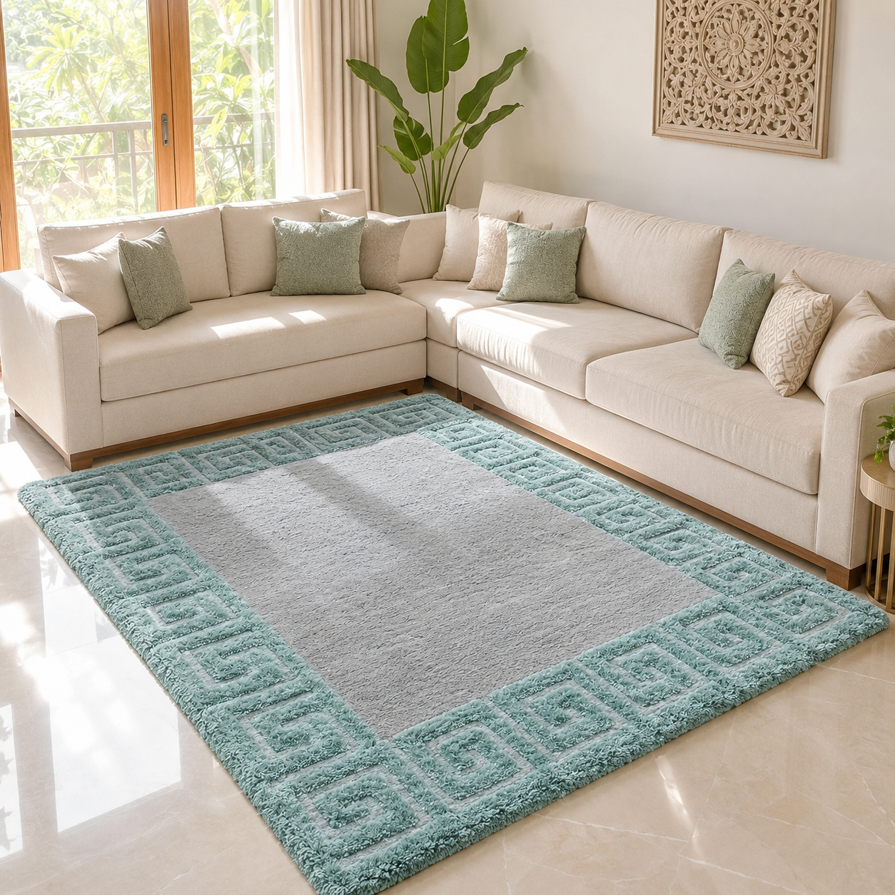 Avioni Atlas Collection- Micro Grey with 3D Aqua Designer Border -Different Sizes Shaggy Fluffy Rugs and Carpet for Living Room