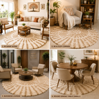 Avioni Home Atlas Collection - Moroccan Style Microfiber Round Carpet In Beige & White| Soft, Non-Slip, Easy to Clean