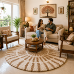 Avioni Home Atlas Collection - Moroccan Style Microfiber Round Carpet In Beige & White| Soft, Non-Slip, Easy to Clean