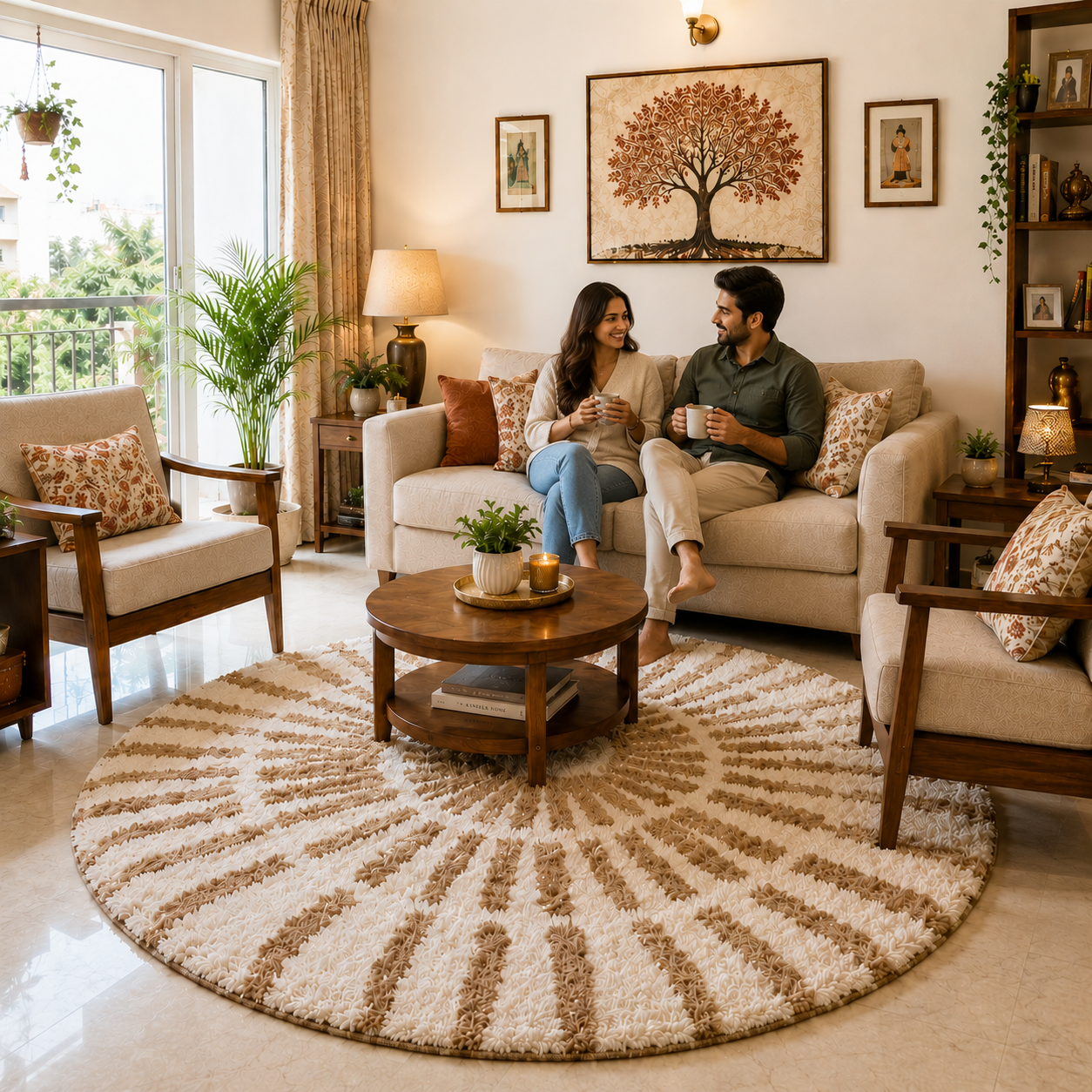 Avioni Home Atlas Collection - Moroccan Style Microfiber Round Carpet In Beige & White| Soft, Non-Slip, Easy to Clean