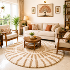 Avioni Home Atlas Collection - Moroccan Style Microfiber Round Carpet In Beige & White| Soft, Non-Slip, Easy to Clean