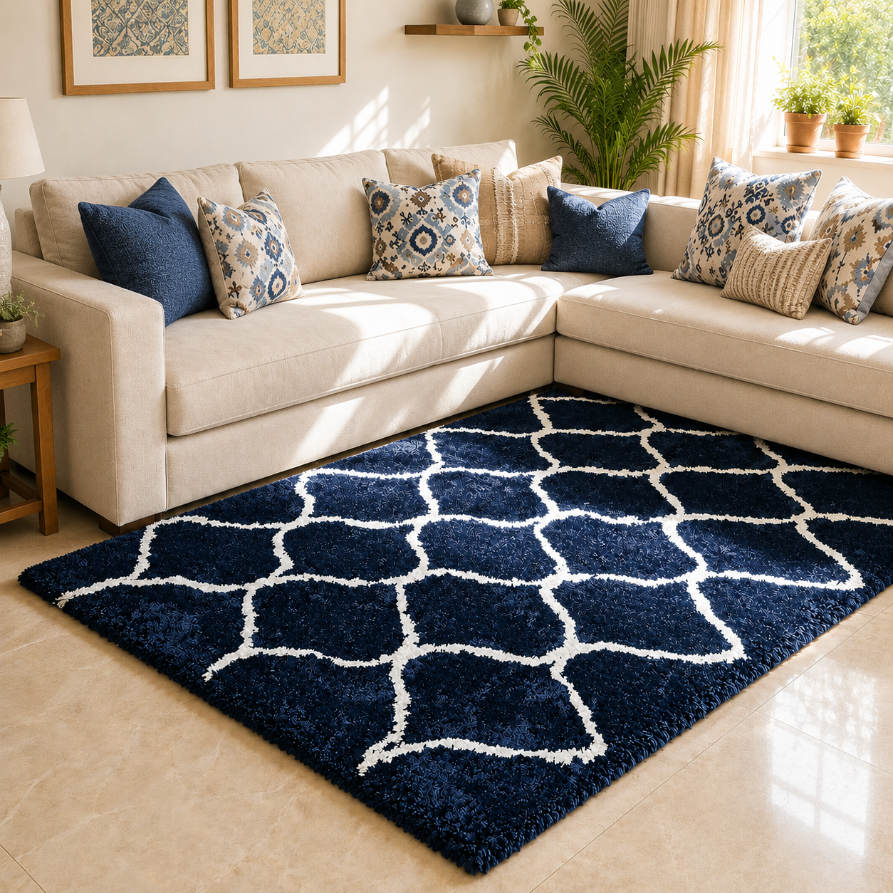 Avioni Atlas Collection- Micro Moroccan Lattice Carpet In Cream And Blue-Different Sizes