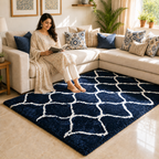 Avioni Atlas Collection- Micro Moroccan Lattice Carpet In Cream And Blue-Different Sizes