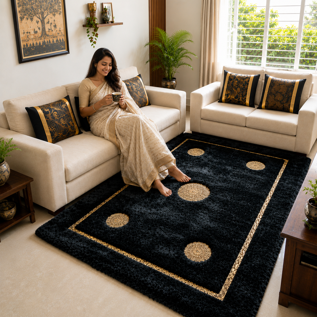 Avioni Divine Collection | Luxury Golden Touch With Black Soft And Plush Living Room Rugs | Different Sizes | Carpet for Living Room