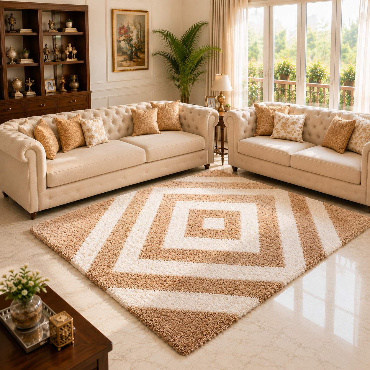 Avioni Home Atlas Collection - Moroccan Style Microfiber Carpet In Beige and White | Soft, Non-Slip, Easy to Clean
