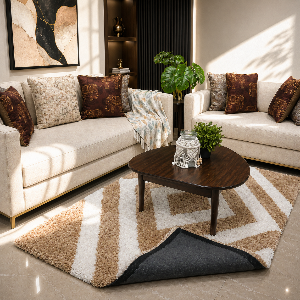 Avioni Home Atlas Collection - Moroccan Style Microfiber Carpet In Beige and White | Soft, Non-Slip, Easy to Clean