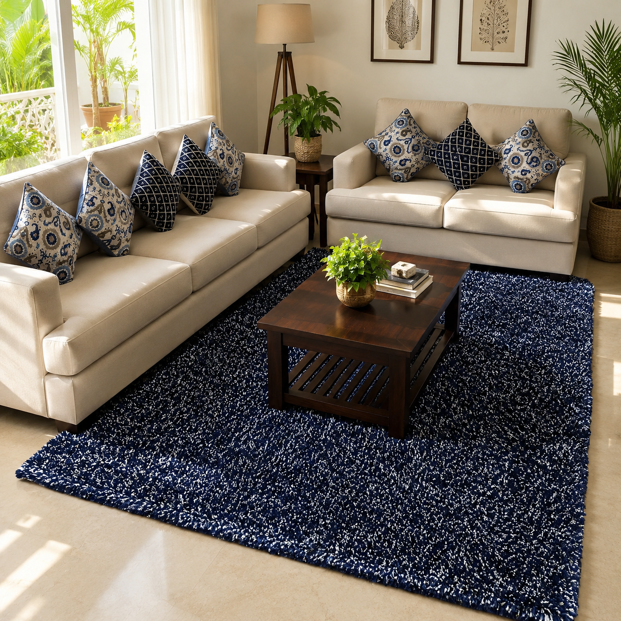 Avioni Home Atlas Collection - Moroccan Style Microfiber Carpet In Blue & White| Soft, Non-Slip, Easy to Clean