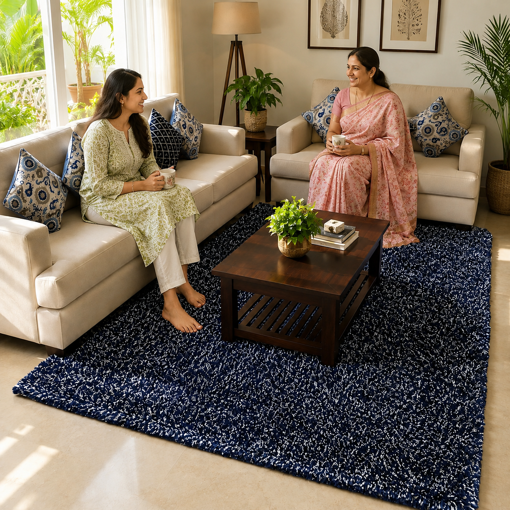 Avioni Home Atlas Collection - Moroccan Style Microfiber Carpet In Blue & White| Soft, Non-Slip, Easy to Clean