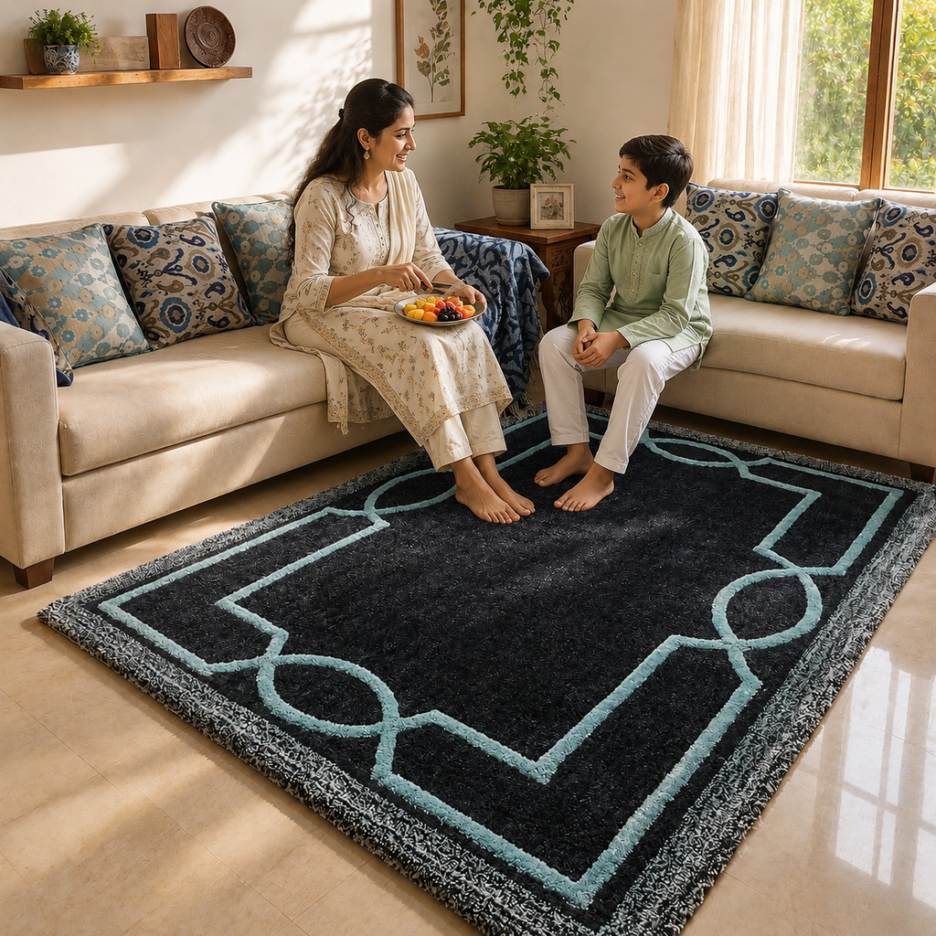 Avioni Luxury Collection- Plush Luxury Dark Grey and Aqua Tone Carpet with 3d Traditional Design -Different Sizes Shaggy Fluffy Rugs and Carpet for Living Room