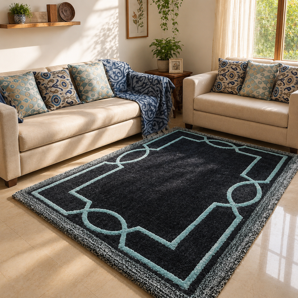 Avioni Luxury Collection- Plush Luxury Dark Grey and Aqua Tone Carpet with 3d Traditional Design -Different Sizes Shaggy Fluffy Rugs and Carpet for Living Room