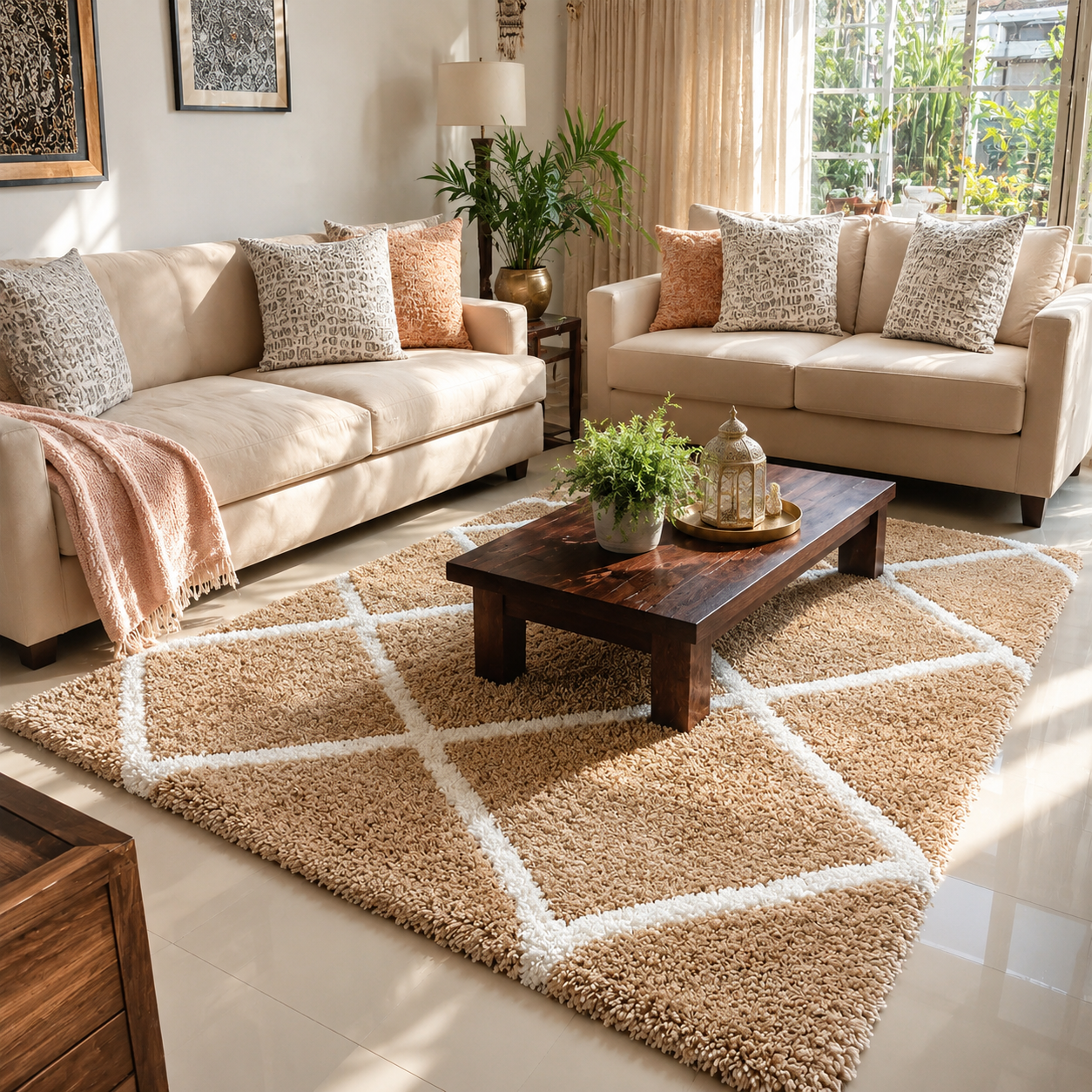 Avioni Home Atlas Collection - Moroccan Style Microfiber Carpet In Beige and White | Soft, Non-Slip, Easy to Clean