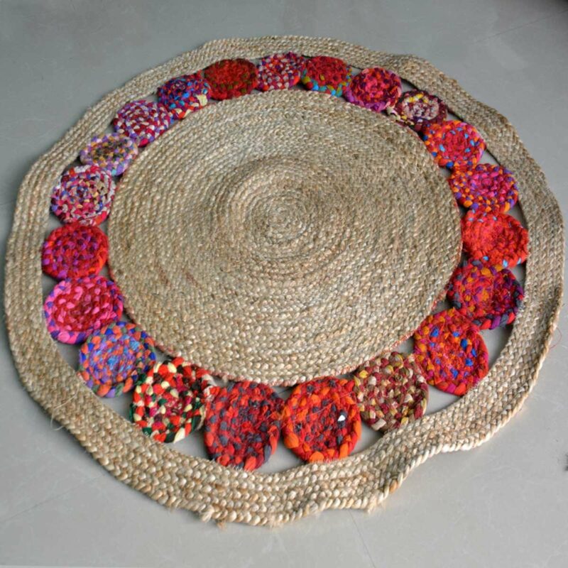 Braided Rug – Ecofriendly Recycled Cotton Chindi and Jute – Colorful Contemporary Design – 110 cm Diameter – Avioni Best Seller
