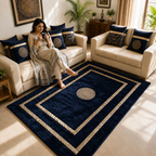 Avioni Divine Collection | Luxury Golden Touch With Blue Border Soft And Plush Handmade Living Room Rugs | Different Sizes | Carpet for Living Room