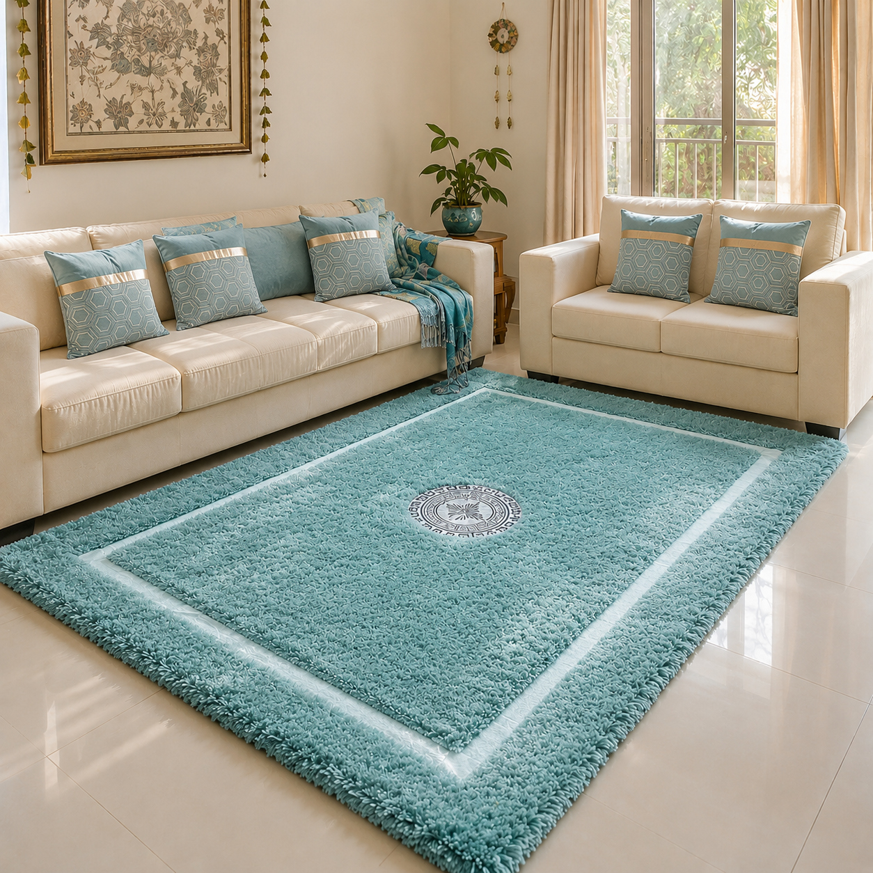 Avioni Divine Collection | Luxury Silver Touch With Aqua Soft And Plush Handmade Living Room Rugs | Different Sizes | Carpet for Living Room