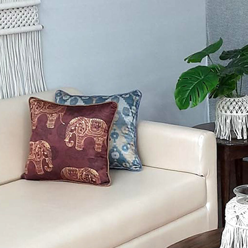 Cushion Cover with Filler – Traditional Design Elephants – 40cm x 40cm (~16″ x 16″) – Set of 2