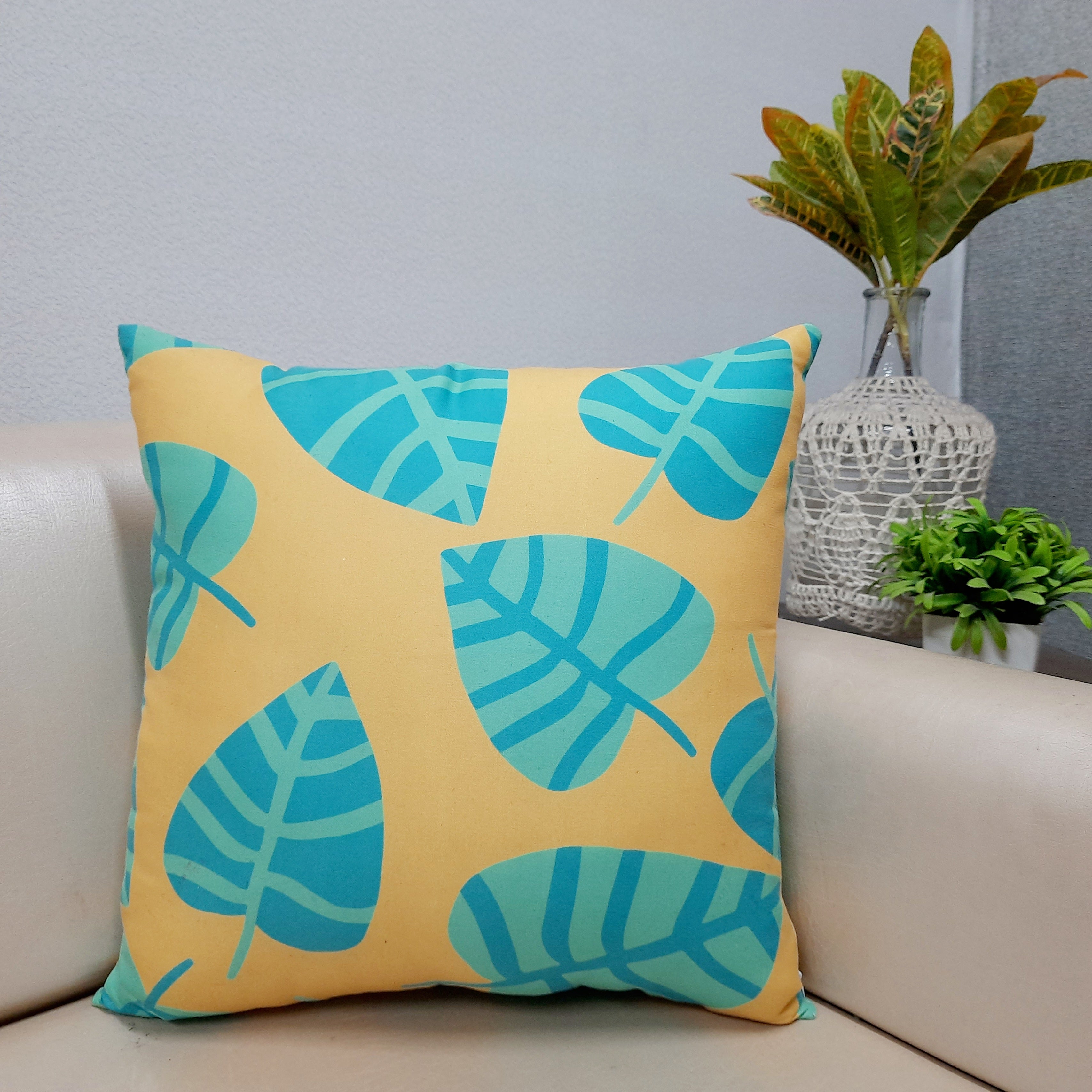 Riviera Collection-Cushion Covers In Glace Cotton For Regular Use –Yellow With leaves – 40cm x 40cm (~16″ x 16″) – Set of 5