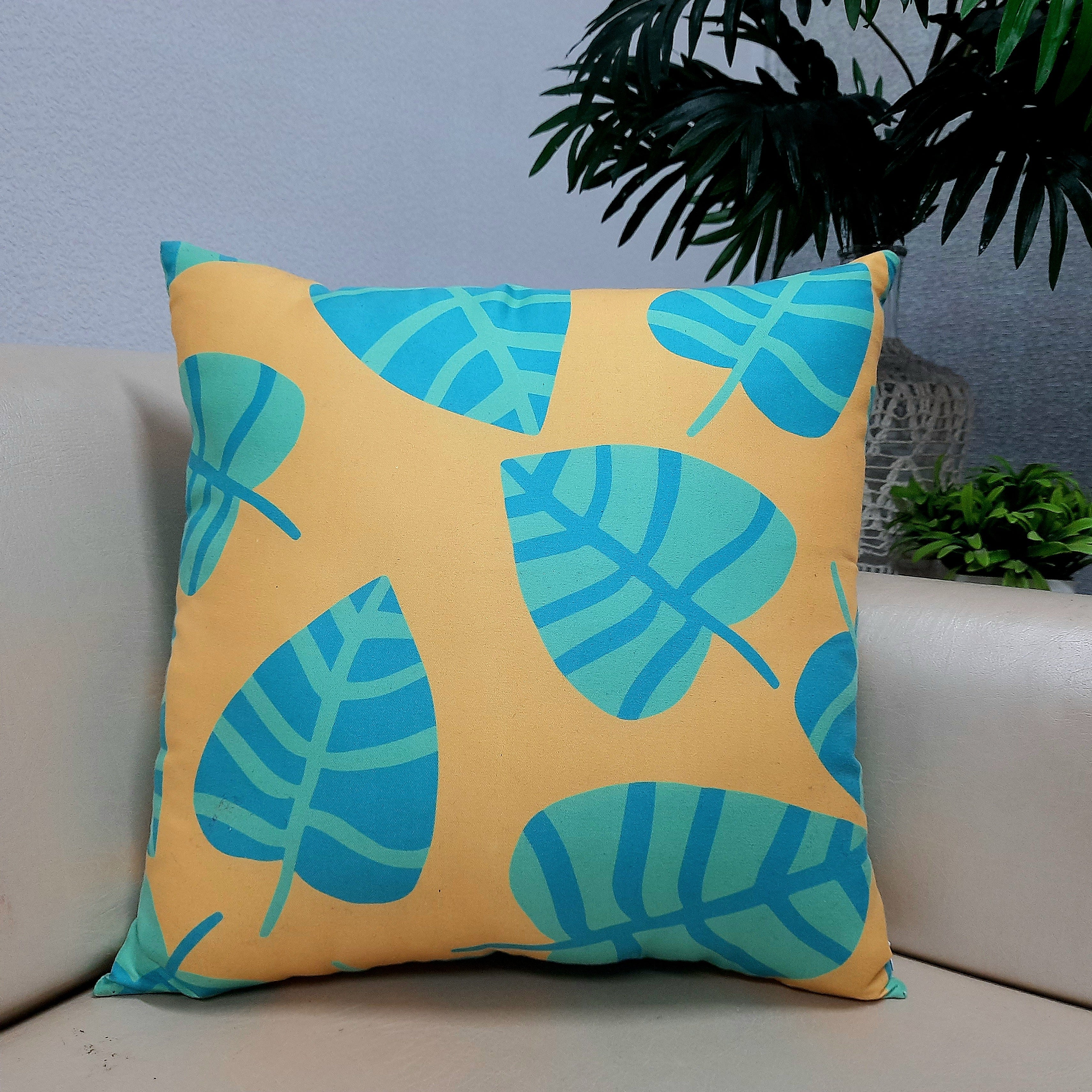 Riviera Collection-Cushion Covers In Glace Cotton For Regular Use –Yellow With leaves – 40cm x 40cm (~16″ x 16″) – Set of 5