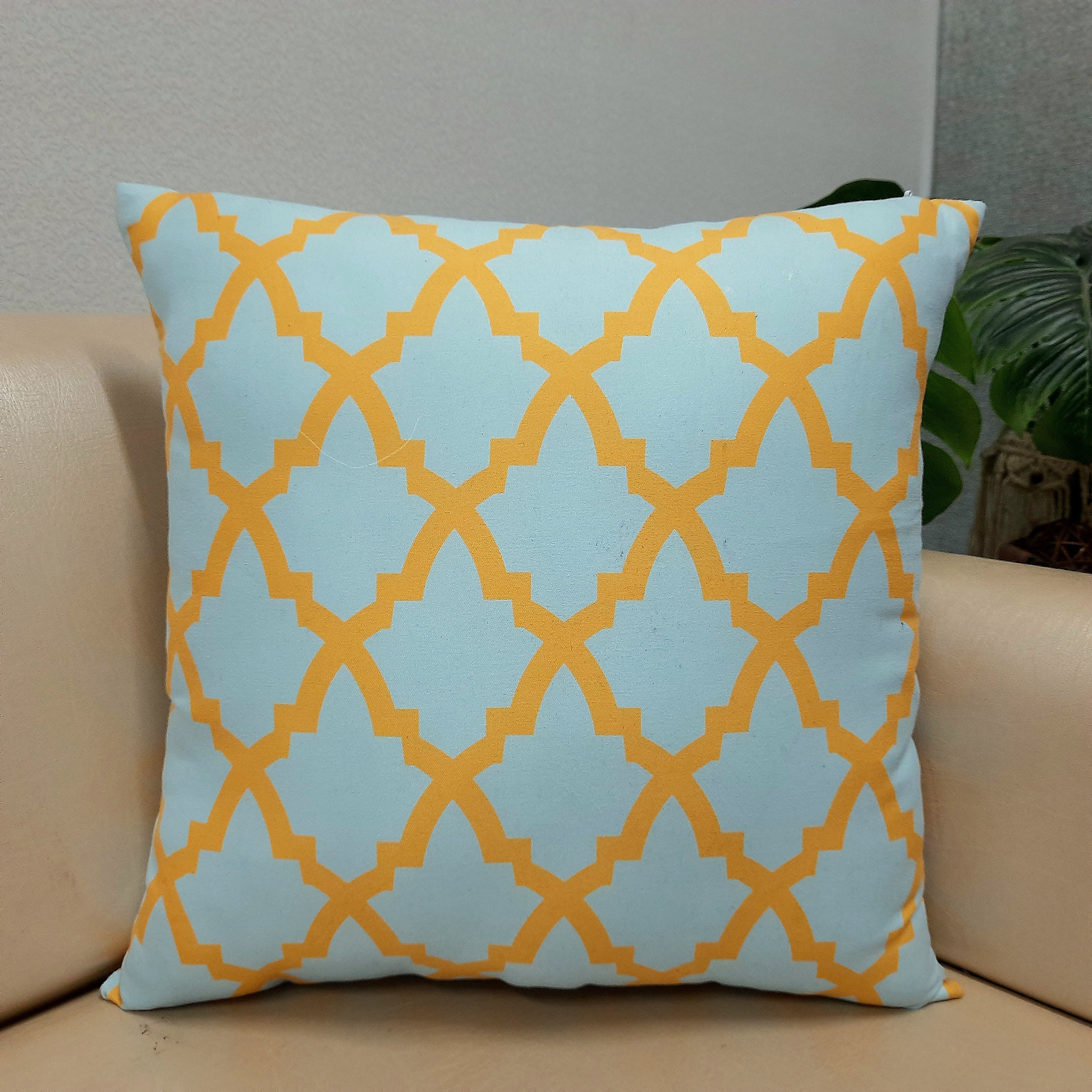 Riviera Collection-Cushion Covers In Glace Cotton For Regular Use –Yellow Moroccan Design– 40cm x 40cm (~16″ x 16″) – Set of 5