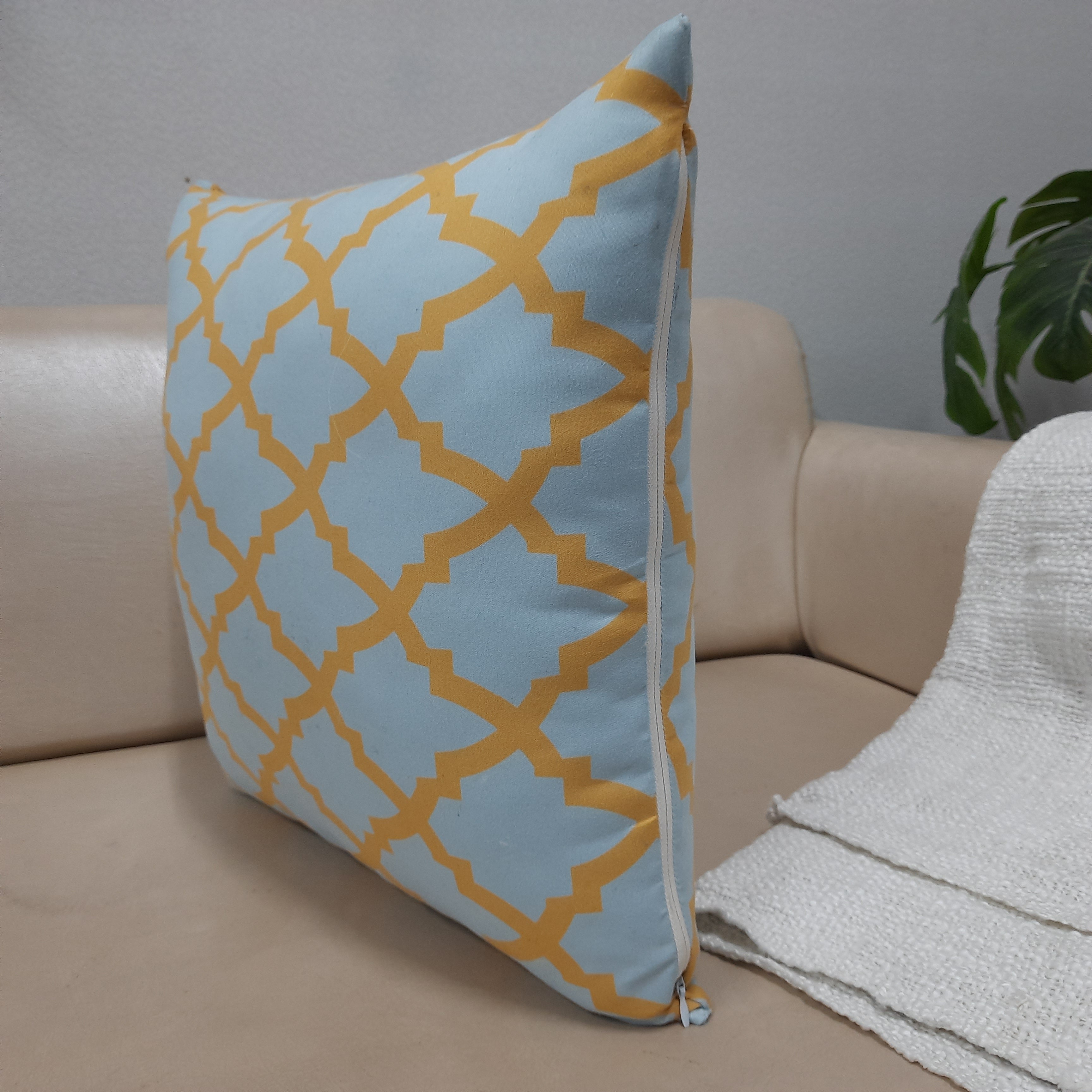 Riviera Collection-Cushion Covers In Glace Cotton For Regular Use –Yellow Moroccan Design– 40cm x 40cm (~16″ x 16″) – Set of 5