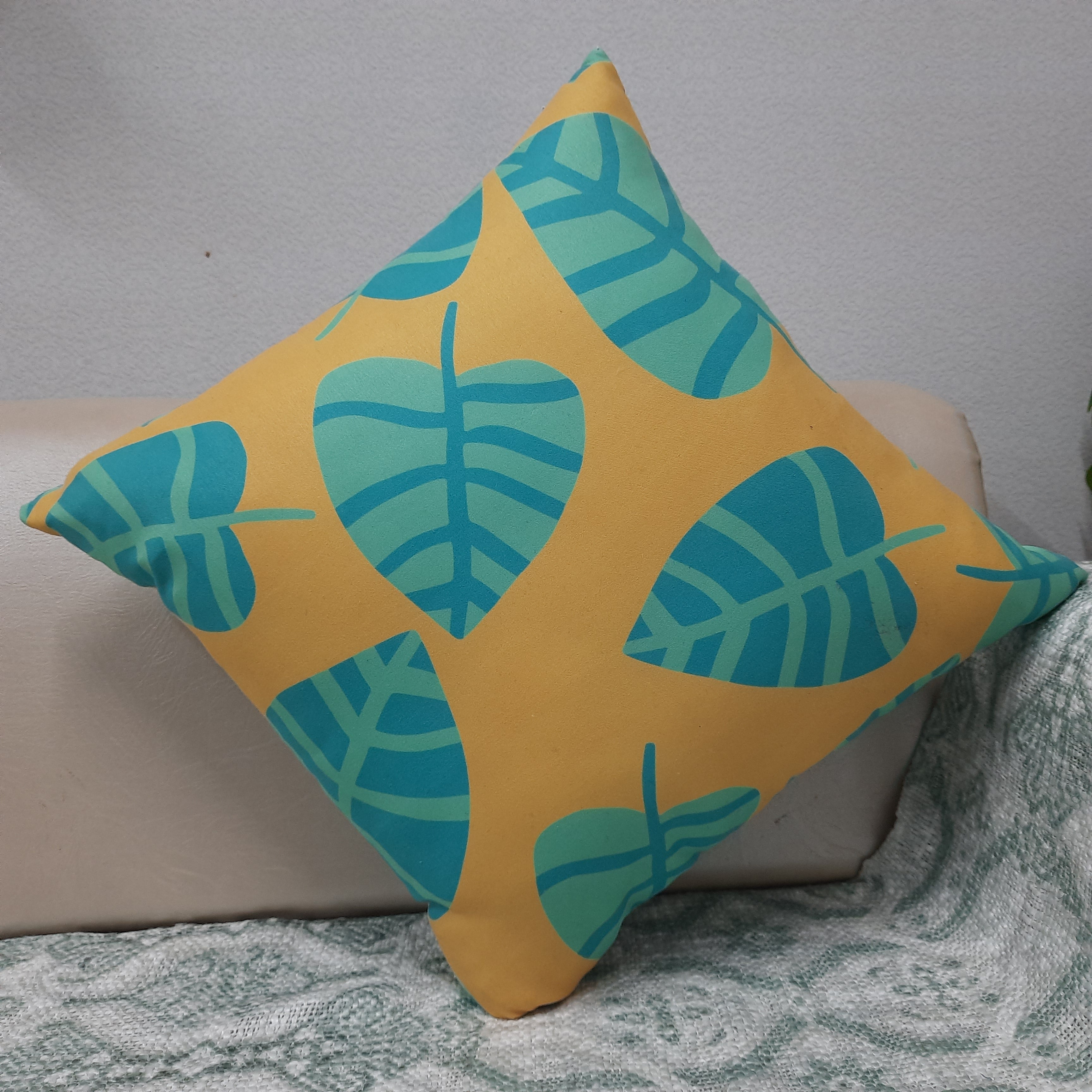 Riviera Collection-Cushion Covers In Glace Cotton For Regular Use –Yellow With leaves – 40cm x 40cm (~16″ x 16″) – Set of 5