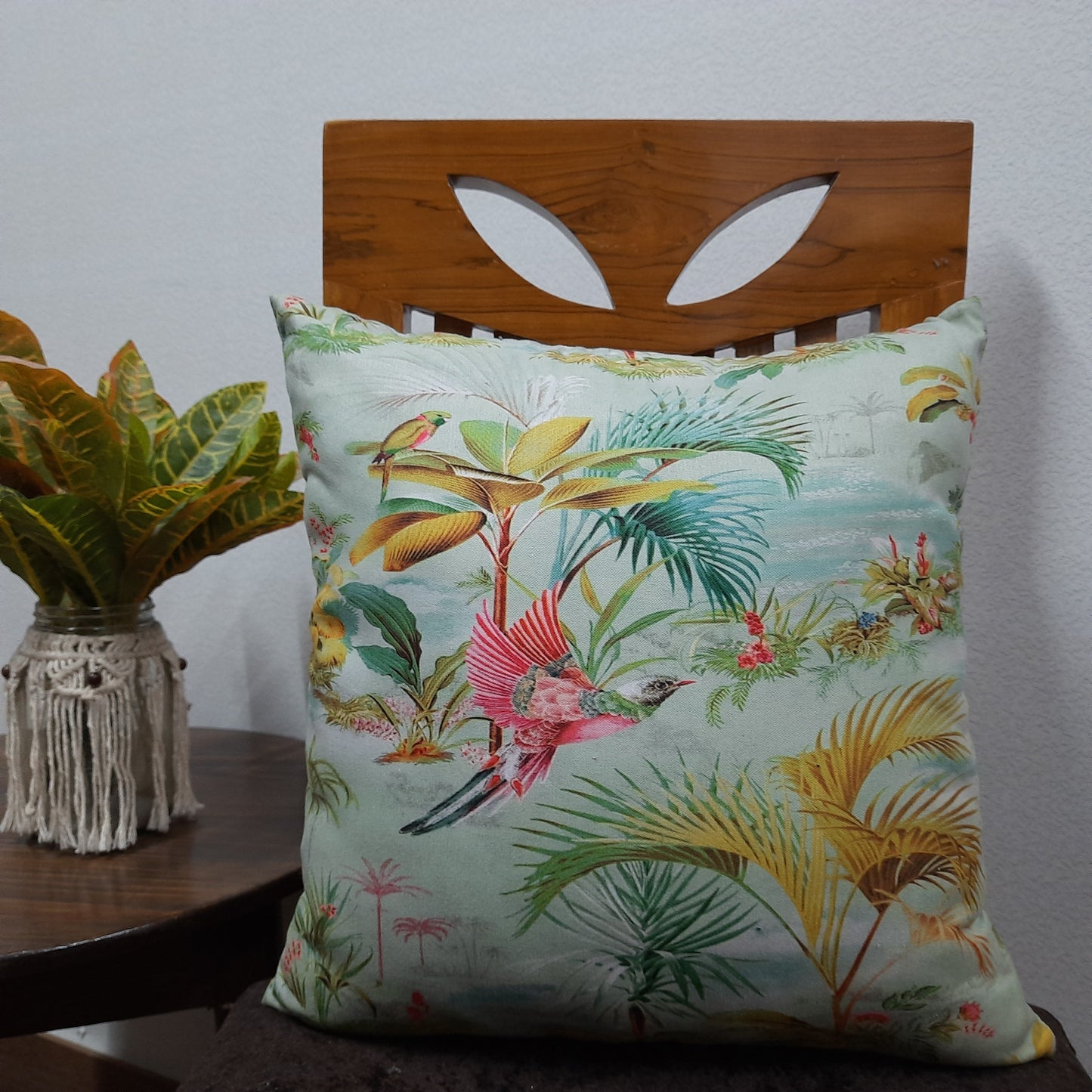 Riviera Collection-Cushion Covers In Glace Cotton For Regular Use –Bird With Flowers – Best Price 40cm x 40cm (~16″ x 16″) – Set of 5