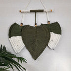 Avioni Feather Macrame Wall Hanging With Beads, Macrame Knotted Wall Tapestry, Living Room Bedroom Interior Decor-Olive And White-38 cms x 27 cms