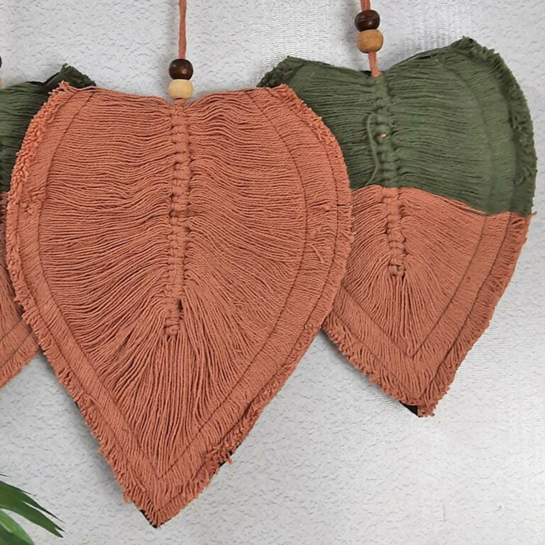 Avioni Feather Macrame Wall Hanging With Beads, Macrame Knotted Wall Tapestry, Living Room Bedroom Interior Decor-Orange And Olive