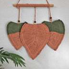 Avioni Feather Macrame Wall Hanging With Beads, Macrame Knotted Wall Tapestry, Living Room Bedroom Interior Decor-Orange And Olive-38 cms x 27 cms