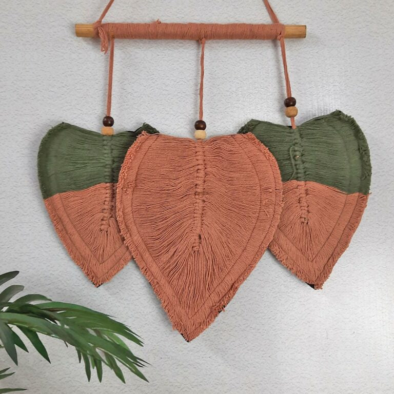 Avioni Feather Macrame Wall Hanging With Beads, Macrame Knotted Wall Tapestry, Living Room Bedroom Interior Decor-Orange And Olive-38 cms x 27 cms
