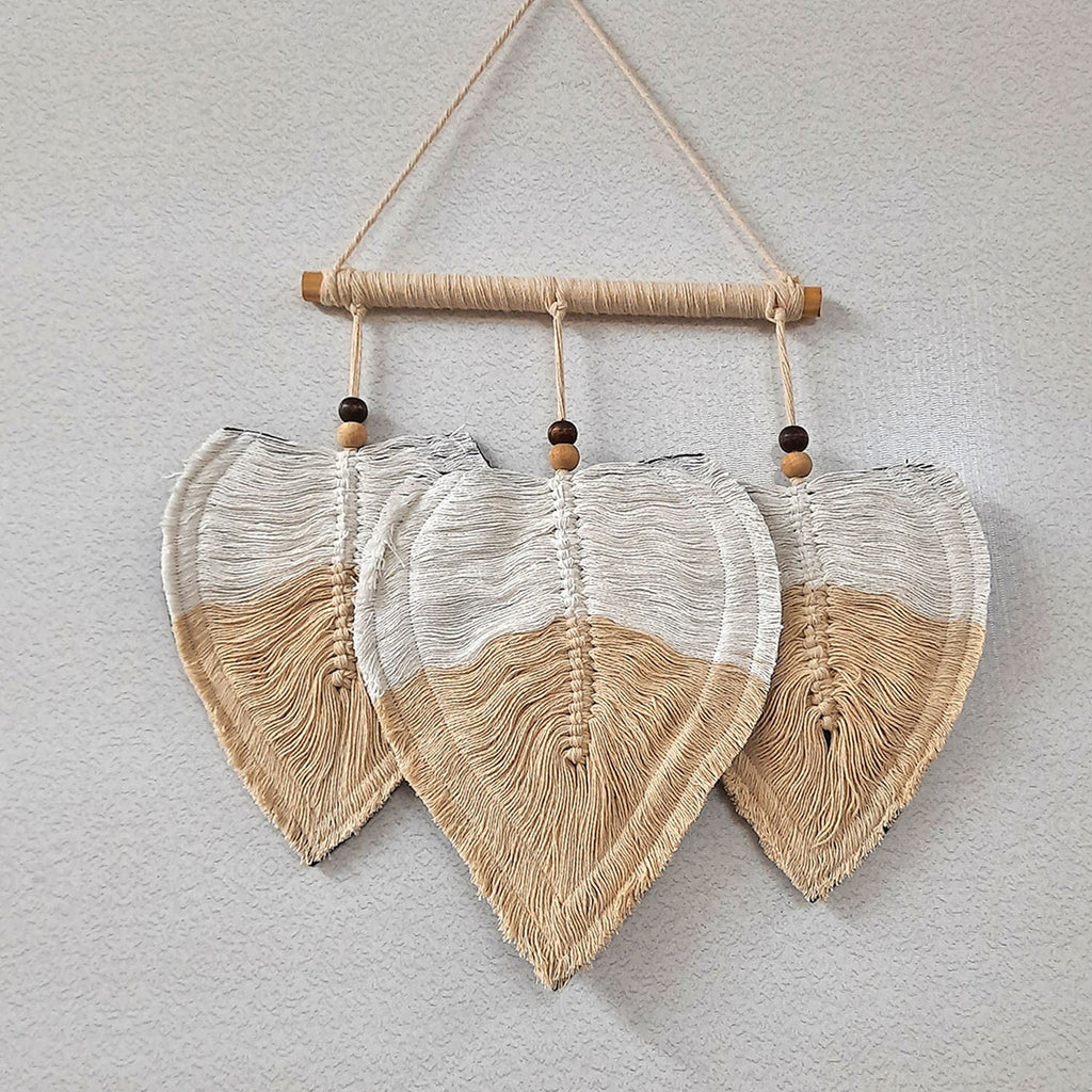 Avioni Feather Macrame Wall Hanging With Beads, Macrame Knotted Wall Tapestry, Living Room Bedroom Interior Decor-Peach And White-38 cms x 27 cms