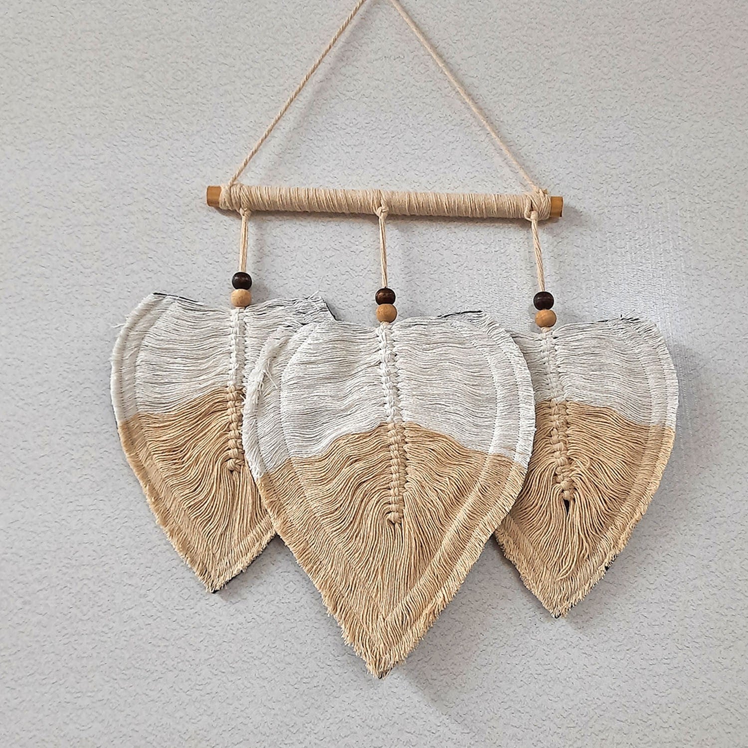 Avioni Feather Macrame Wall Hanging With Beads, Macrame Knotted Wall Tapestry, Living Room Bedroom Interior Decor-Peach And White-38 cms x 27 cms