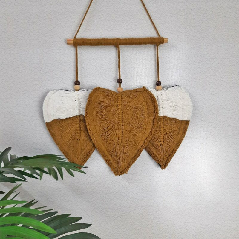 Avioni Feather Macrame Wall Hanging With Beads, Macrame Knotted Wall Tapestry, Living Room Bedroom Interior Decor-Brown And White-38 cms x 27 cms