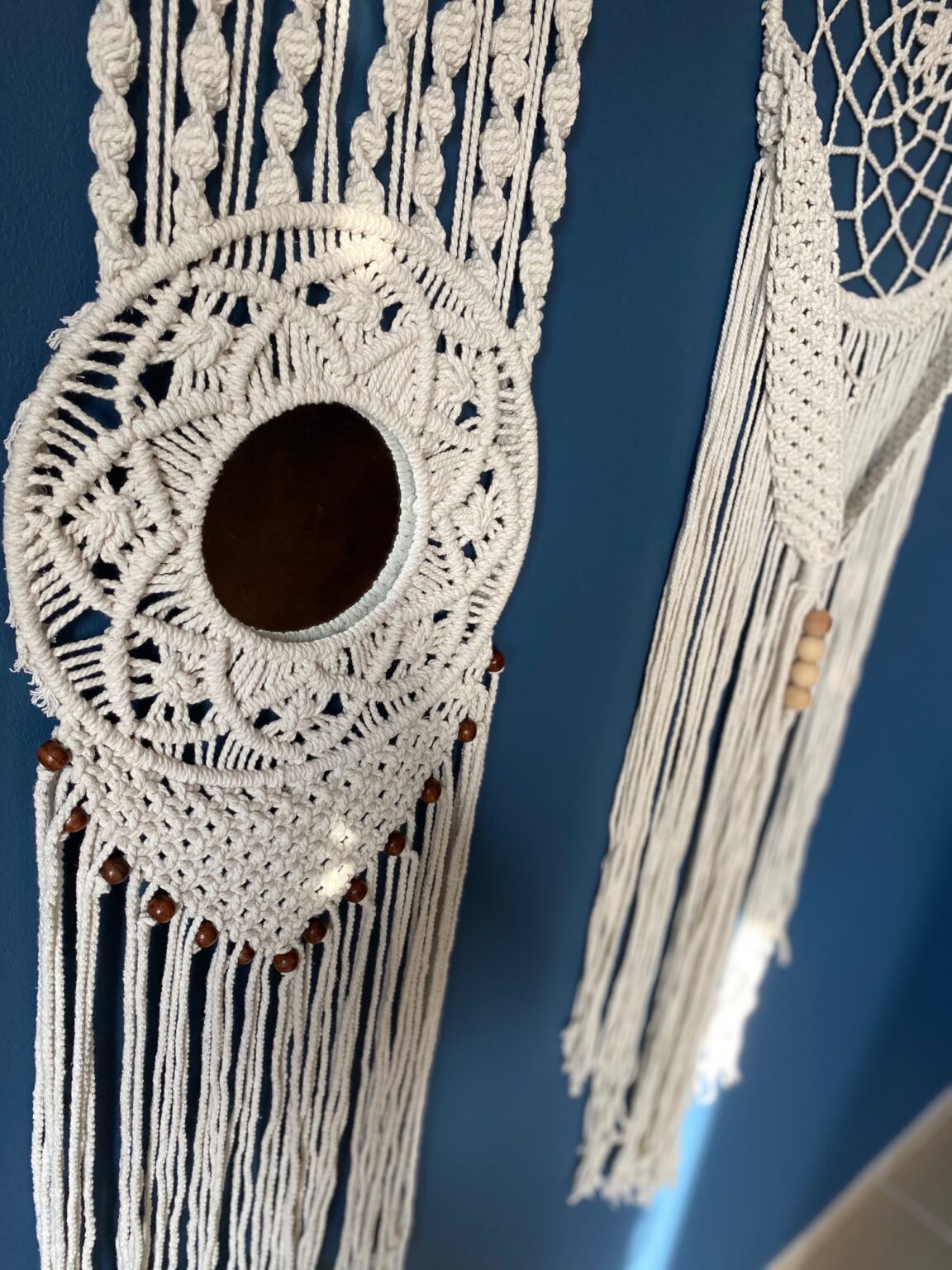 Avioni Home Boho Collection – Hand-Knitted Wall Hanging with Mirror-50cm width x 70cm height.