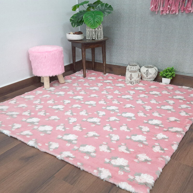 Soft Shaggy Premium Super Soft Luxury Rugs Faux Fur – Flowers on Pink Fur – Avioni Carpets