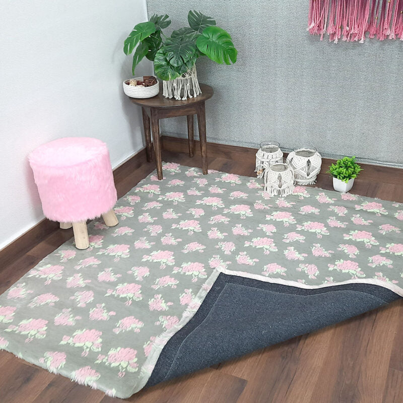 Soft Shaggy Premium Super Soft Luxury Rugs  Faux Fur– Flowers on Grey Fur – Avioni Carpets