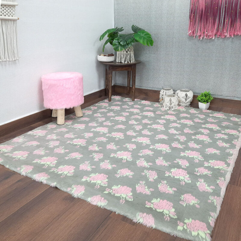 Soft Shaggy Premium Super Soft Luxury Rugs  Faux Fur– Flowers on Grey Fur – Avioni Carpets
