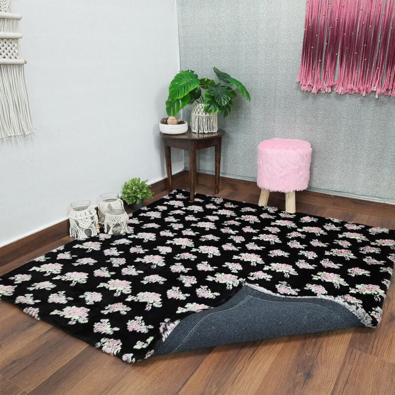 Soft Shaggy Premium Super Soft Luxury Rugs – Flowers on Black Fur – Avioni Carpets