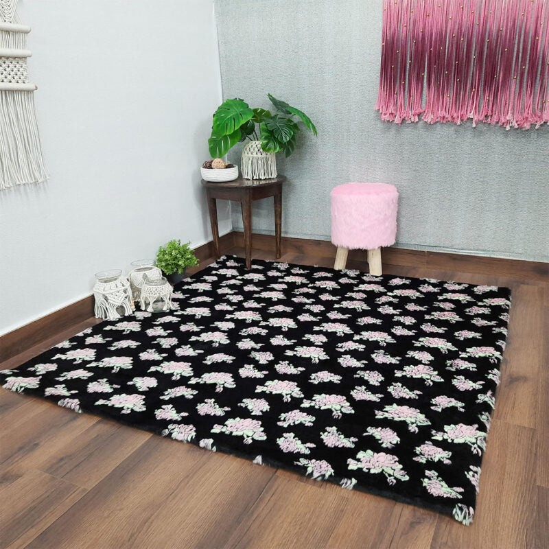 Soft Shaggy Premium Super Soft Luxury Rugs Faux Fur – Flowers on Black Fur – Avioni Carpets