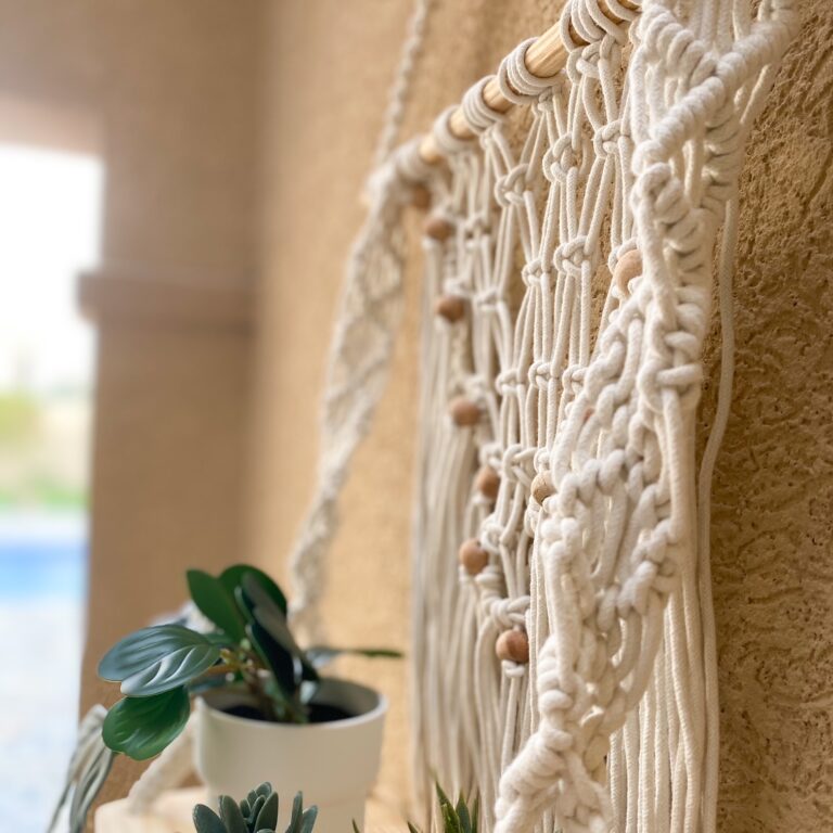 Avioni Home Boho Collection – Hand Knotted Macrame Hanging Shelf With Pine Wood Shelf-50cm width x 70cm height