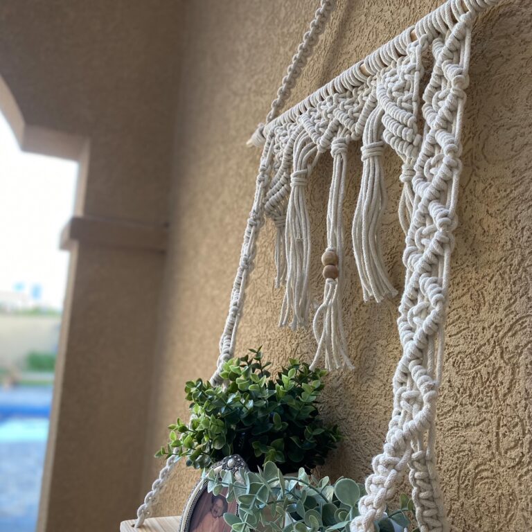 Avioni Home Boho Collection – Hand Knotted Macrame Hanging Shelf With Pine Wood Shelf-50cm width x 70cm length.