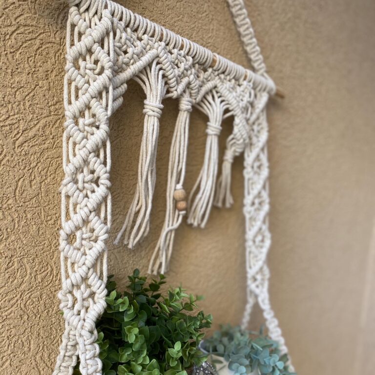 Avioni Home Boho Collection – Hand Knotted Macrame Hanging Shelf With Pine Wood Shelf-50cm width x 70cm length.