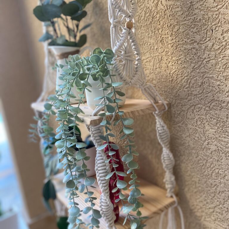 Avioni Home Boho Collection – Hand Knotted Macrame Hanging Shelf With Two Pine Wood Shelves-50cm width x 70cm length