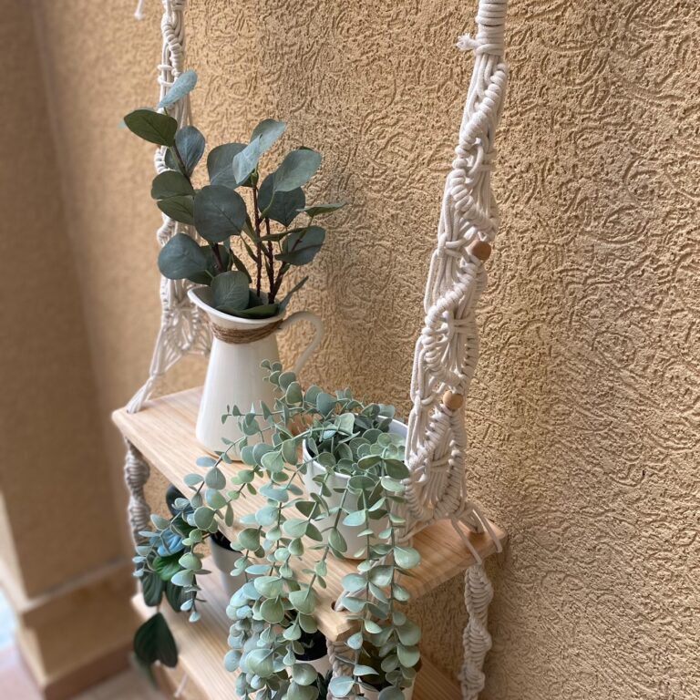 Avioni Home Boho Collection – Hand Knotted Macrame Hanging Shelf With Two Pine Wood Shelves-50cm width x 70cm length