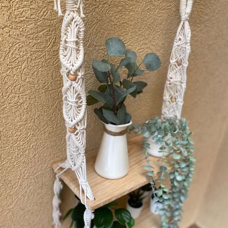 Avioni Home Boho Collection – Hand Knotted Macrame Hanging Shelf With Two Pine Wood Shelves-50cm width x 70cm length