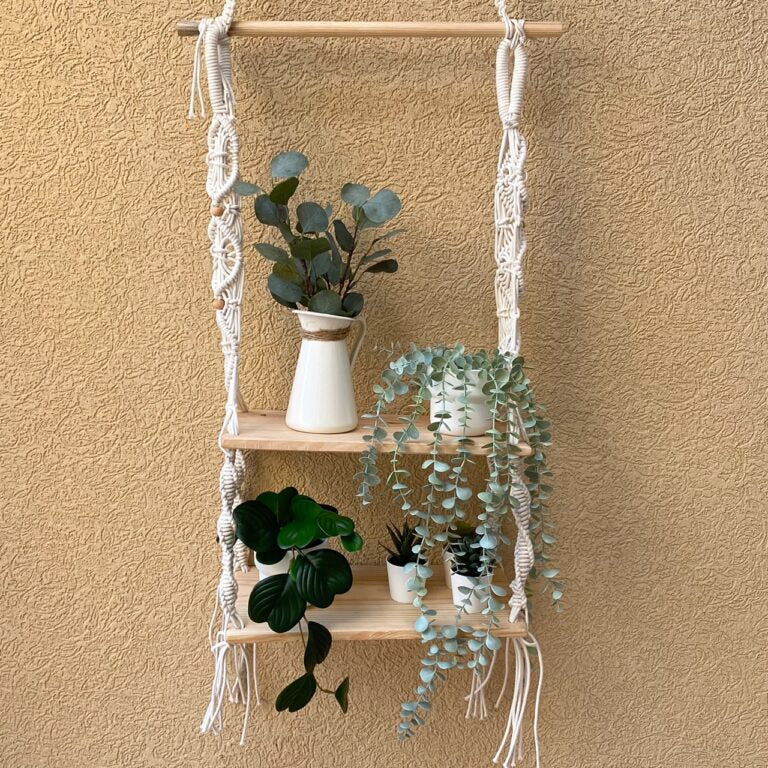 Avioni Home Boho Collection – Hand Knotted Macrame Hanging Shelf With Two Pine Wood Shelves