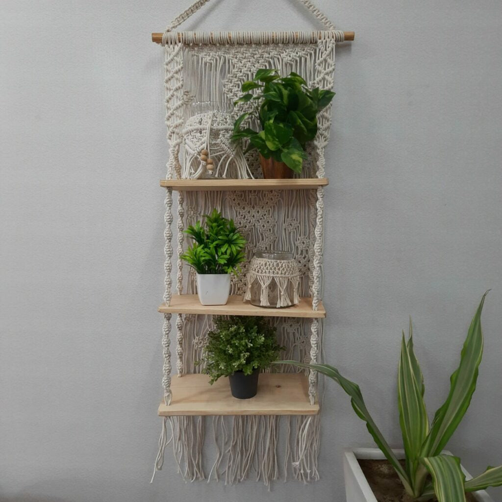 Avioni Home Boho Collection – Hand Knotted Macrame Hanging Single Shelf With Pine Wood Shelf