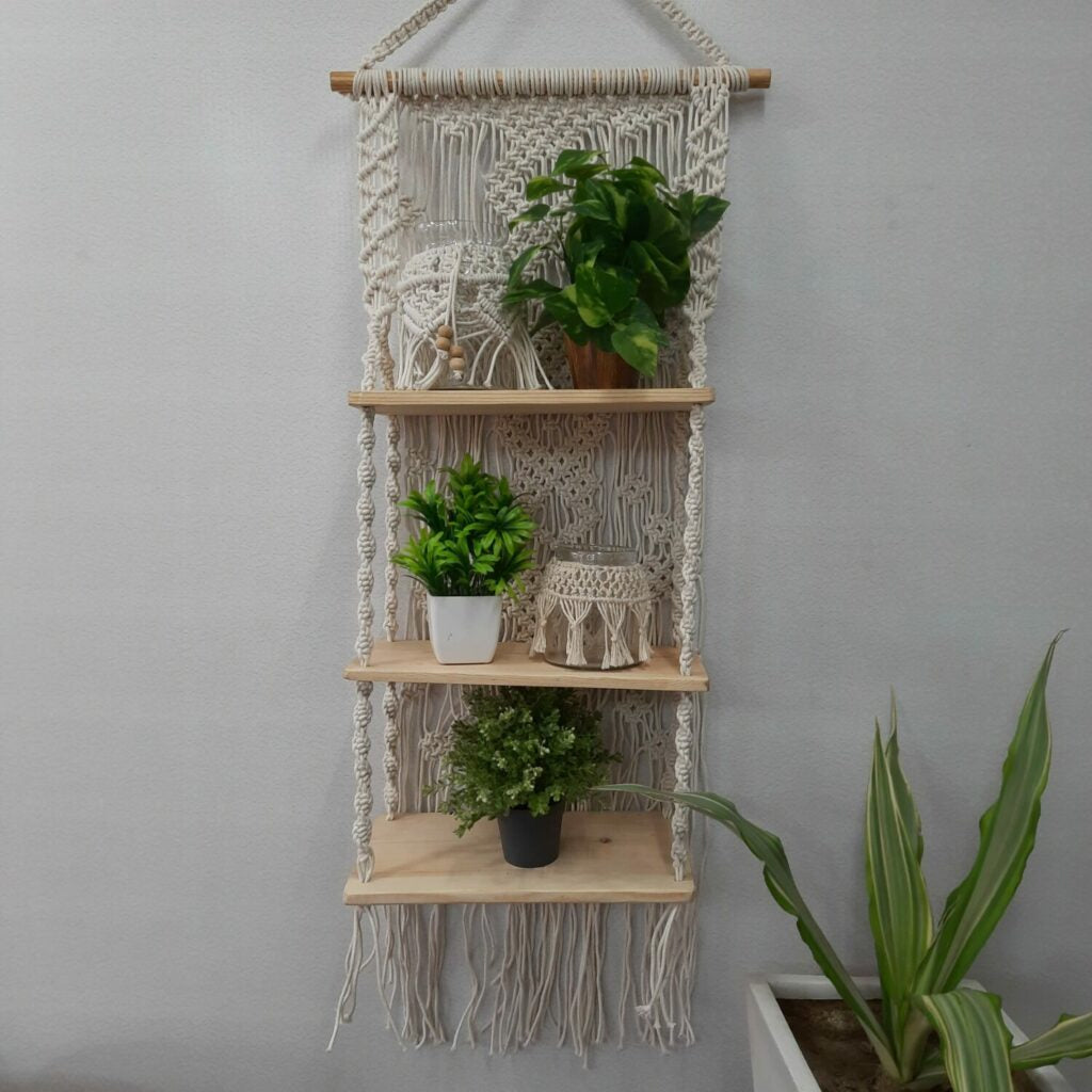Avioni Home Boho Collection – Hand Knotted Macrame Hanging Single Shelf With Pine Wood Shelf-50cms x 40 cms