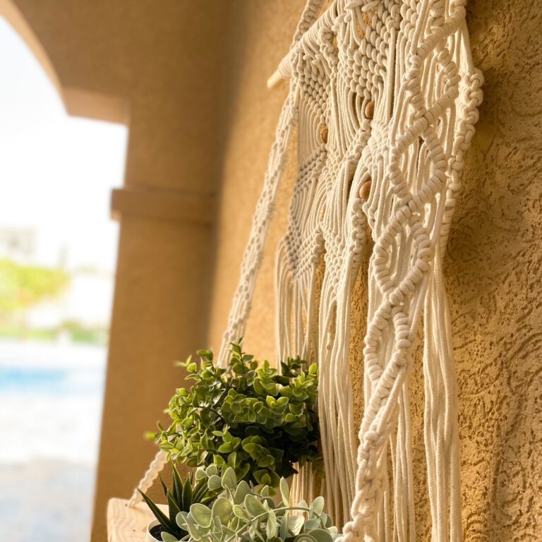 Avioni Home Boho Collection – Hand Knotted Macrame Hanging Shelf With Pine Wood Shelf-40cm width x 50cm height.